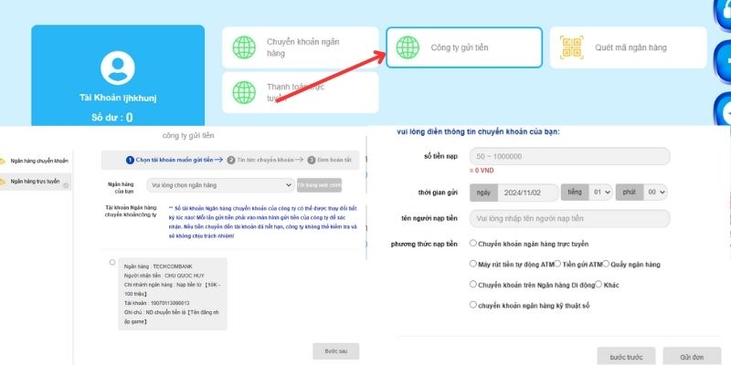 Cách nạp cược qua hình thức công ty gửi tiền